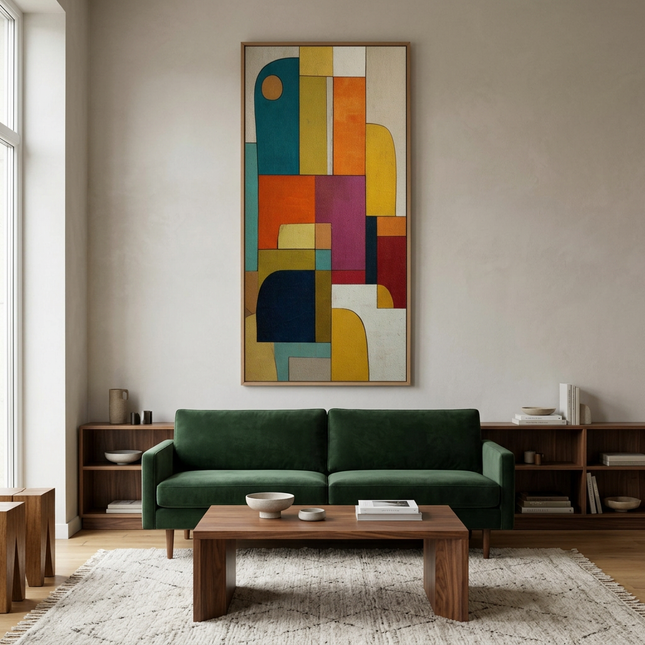 Urban Mosaic hand-painted abstract painting displayed in a contemporary living room