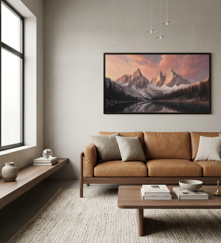 Sunset Summits hand-painted landscape painting displayed in a contemporary living room