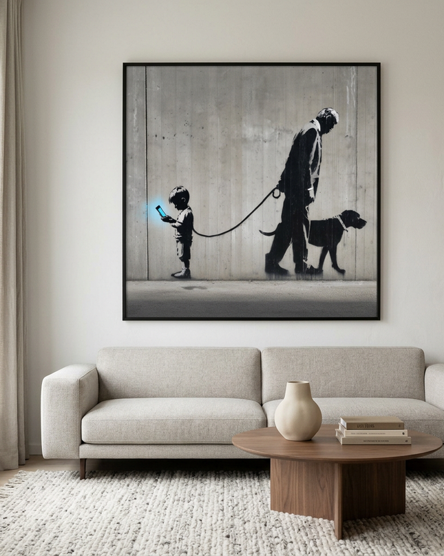 Digital Dependency hand-painted figurative painting displayed in a contemporary living room