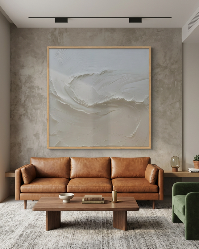 Lunar Tides hand-painted landscape painting displayed in a contemporary living room