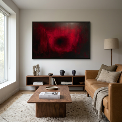 Ruby Glow hand-painted abstract painting displayed in a contemporary living room
