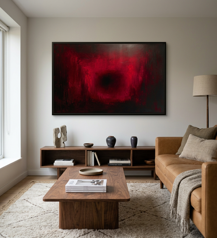Ruby Glow hand-painted abstract painting displayed in a contemporary living room