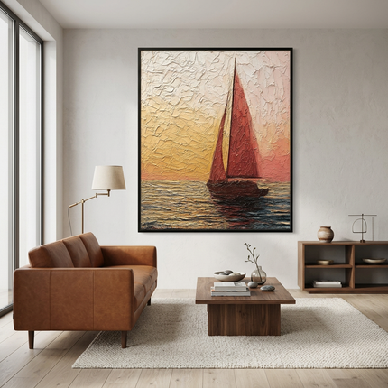 Chasing the Sun hand-painted landscape painting displayed in a contemporary living room