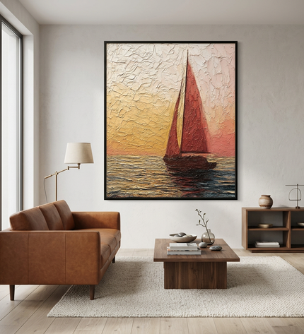 Chasing the Sun hand-painted landscape painting displayed in a contemporary living room