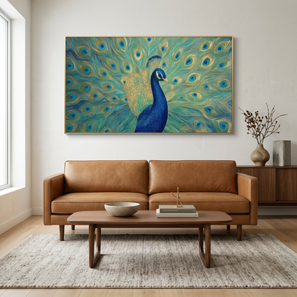 Feathers of Fortune hand-painted figurative painting displayed in a contemporary living room