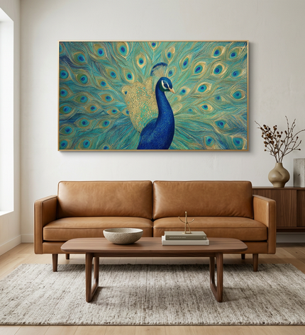 Feathers of Fortune hand-painted figurative painting displayed in a contemporary living room