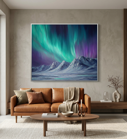 Whispers of the North hand-painted abstract painting displayed in a contemporary living room