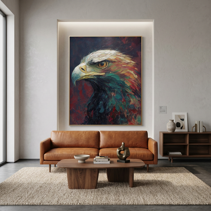 Watchful Hunter hand-painted animal portrait painting displayed in a contemporary living room