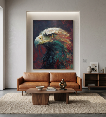 Watchful Hunter hand-painted animal portrait painting displayed in a contemporary living room