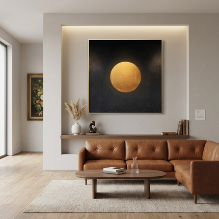 Sphere of Serenity hand-painted cityscape painting displayed in a contemporary living room