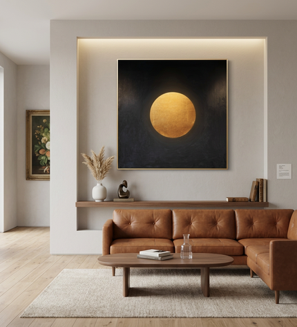 Sphere of Serenity hand-painted cityscape painting displayed in a contemporary living room