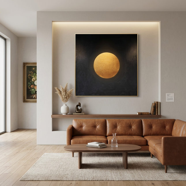 Sphere of Serenity hand-painted cityscape painting displayed in a contemporary living room
