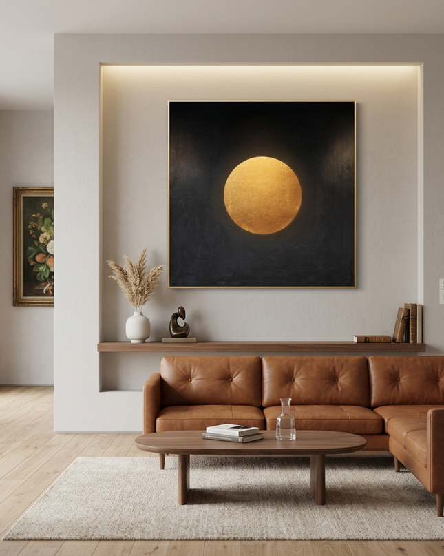 Sphere of Serenity hand-painted cityscape painting displayed in a contemporary living room