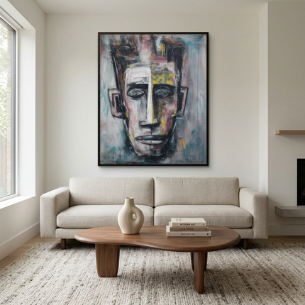 The Listener hand-painted floral painting displayed in a contemporary living room