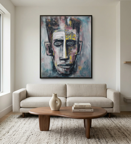 The Listener hand-painted floral painting displayed in a contemporary living room