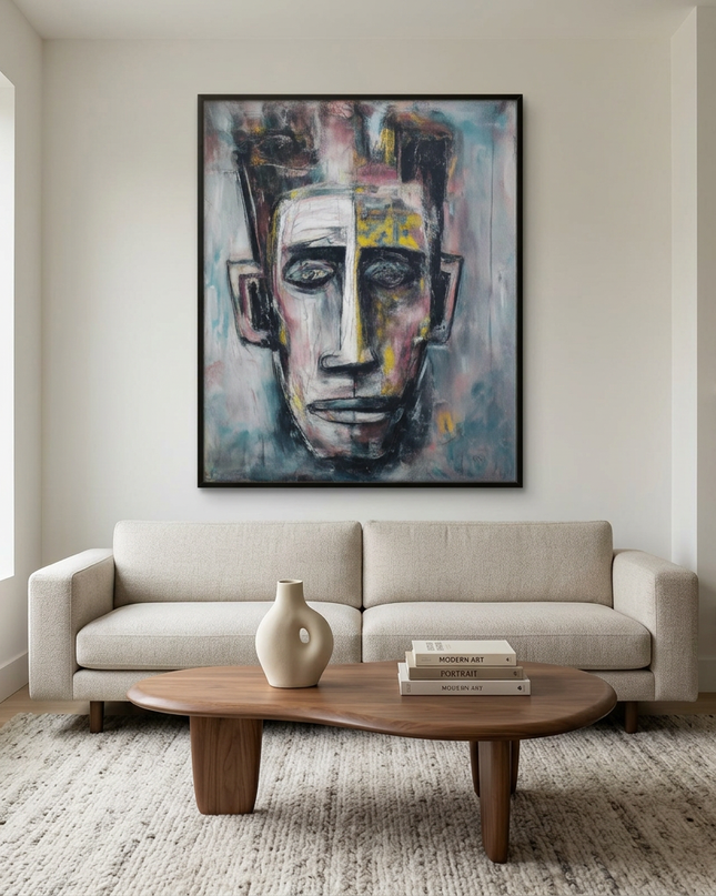 The Listener hand-painted floral painting displayed in a contemporary living room