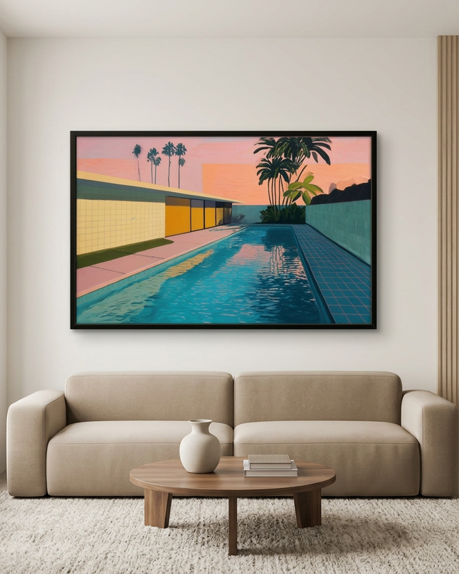 Pool Noir hand-painted landscape painting displayed in a contemporary living room