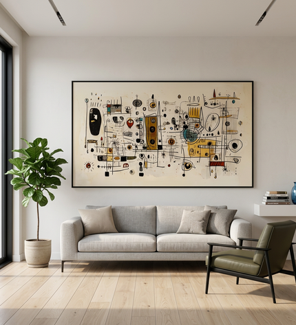 Orbiting Thoughts hand-painted contemporary painting displayed in a modern living room with warm accents