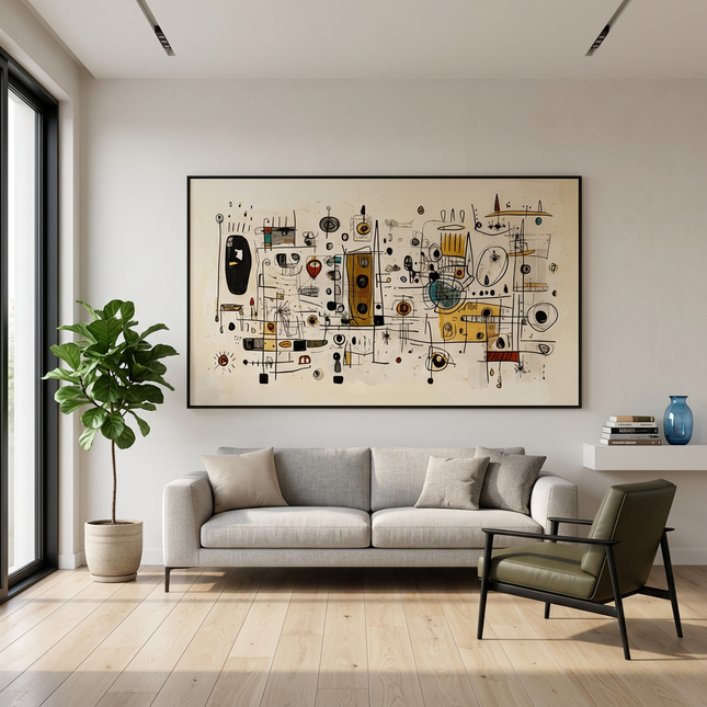 Orbiting Thoughts hand-painted contemporary painting displayed in a modern living room with warm accents