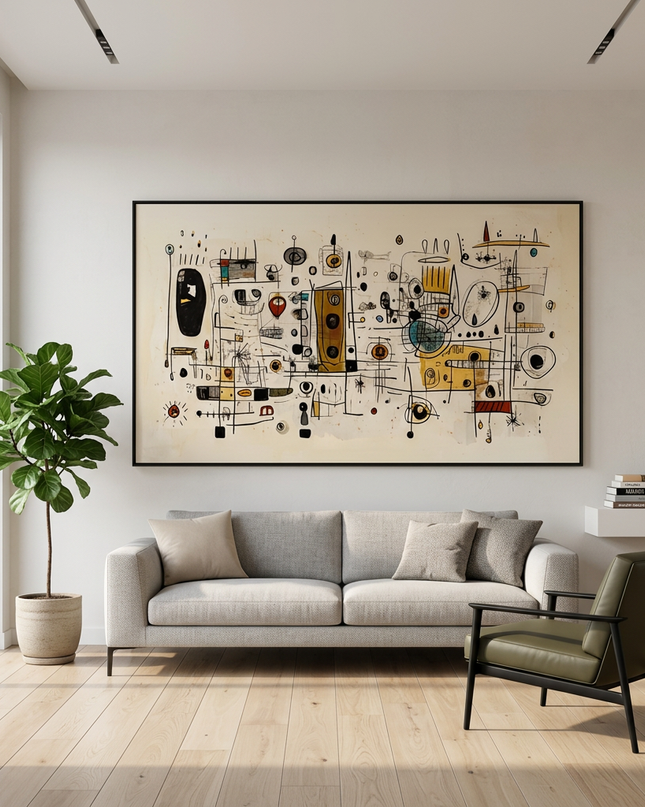 Orbiting Thoughts hand-painted contemporary painting displayed in a modern living room with warm accents