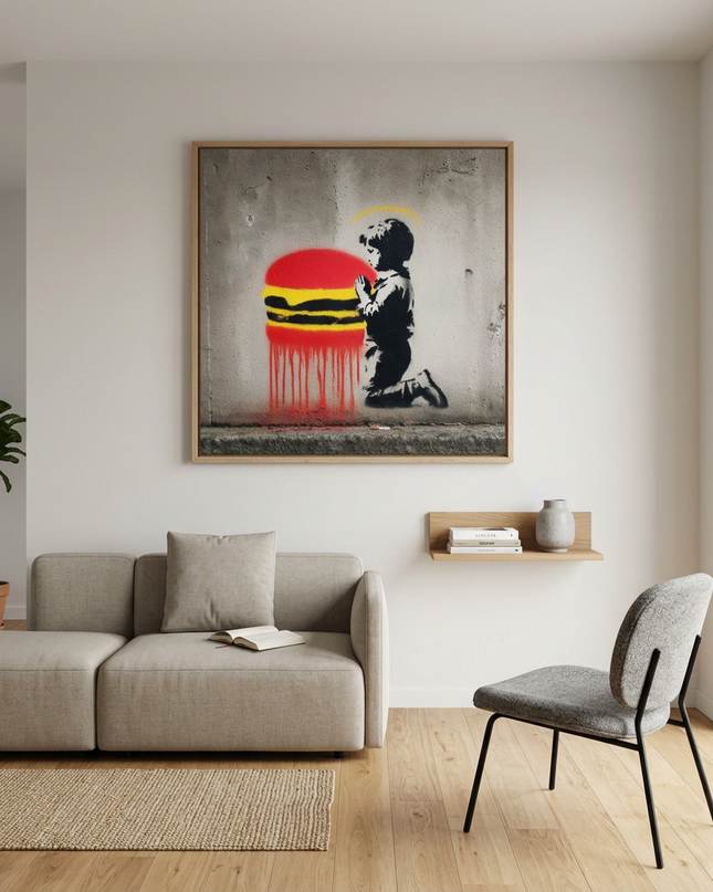 Holy Burger hand-painted figurative painting displayed in a modern living room with warm accents