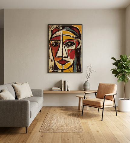 The Watcher hand-painted abstract painting displayed in a modern living room with warm accents
