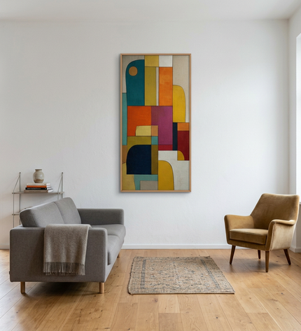 Urban Mosaic hand-painted abstract painting displayed in a modern living room with warm accents