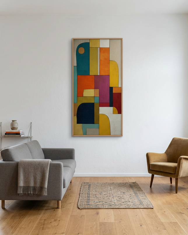 Urban Mosaic hand-painted abstract painting displayed in a modern living room with warm accents