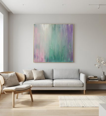 Northern Colors hand-painted contemporary painting displayed in a modern living room with warm accents