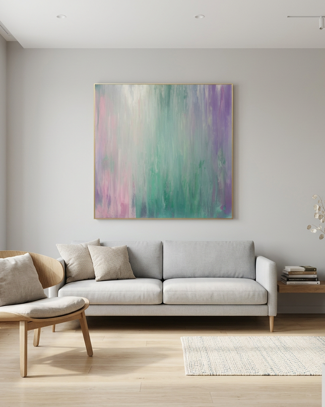 Northern Colors hand-painted contemporary painting displayed in a modern living room with warm accents