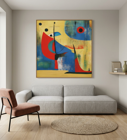 Voyager’s Dreams hand-painted abstract painting displayed in a modern living room with warm accents