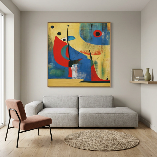Voyager’s Dreams hand-painted abstract painting displayed in a modern living room with warm accents