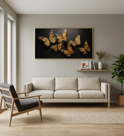 Soaring Butterflies hand-painted figurative painting displayed in a modern living room with warm accents