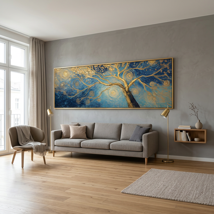 Tree of Dreams hand-painted figurative painting displayed in a modern living room with warm accents