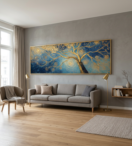 Tree of Dreams hand-painted figurative painting displayed in a modern living room with warm accents