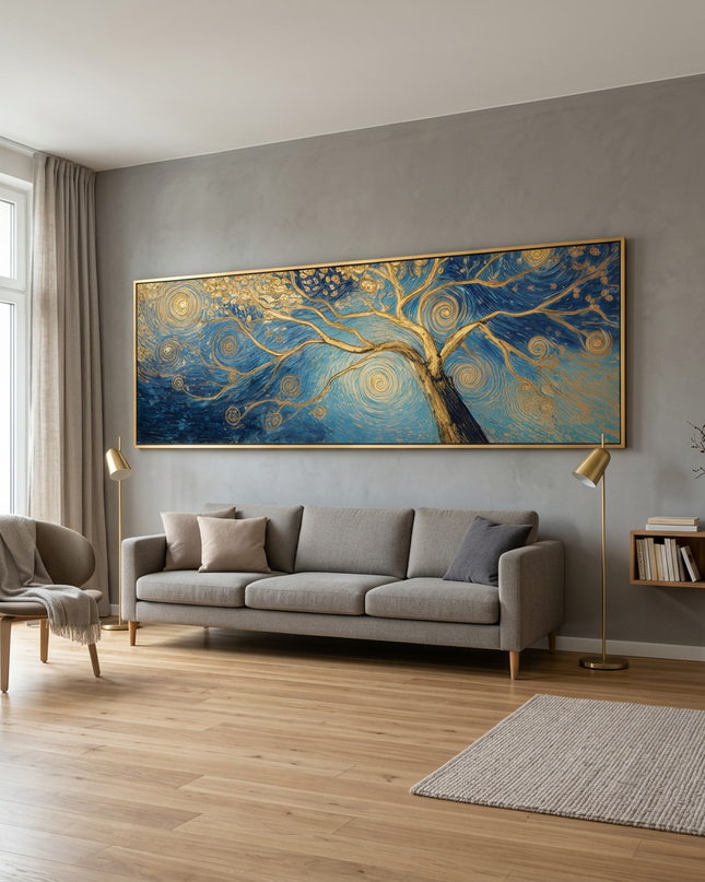 Tree of Dreams hand-painted figurative painting displayed in a modern living room with warm accents