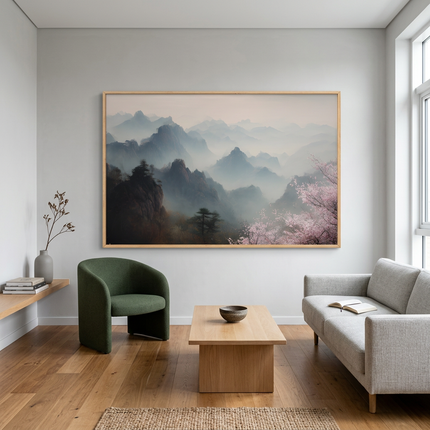 Mist Over Mountains hand-painted landscape painting displayed in a modern living room with warm accents