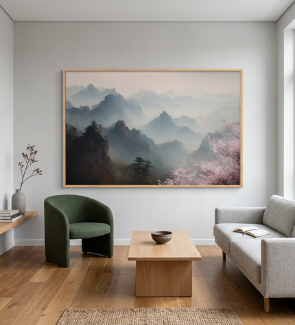 Mist Over Mountains hand-painted landscape painting displayed in a modern living room with warm accents