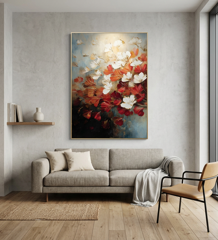 Smells Like Spring hand-painted landscape painting displayed in a modern living room with warm accents