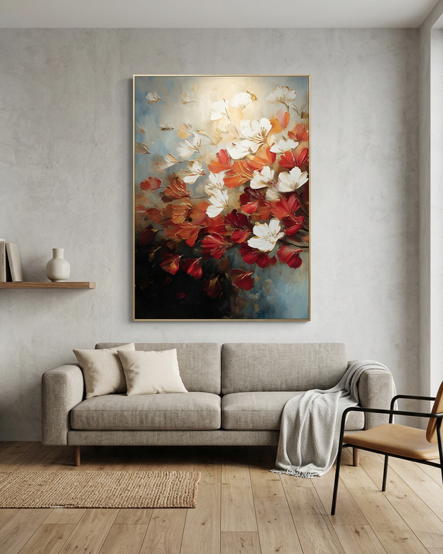 Smells Like Spring hand-painted landscape painting displayed in a modern living room with warm accents