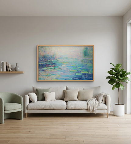 Garden of Reflections hand-painted landscape painting displayed in a modern living room with warm accents