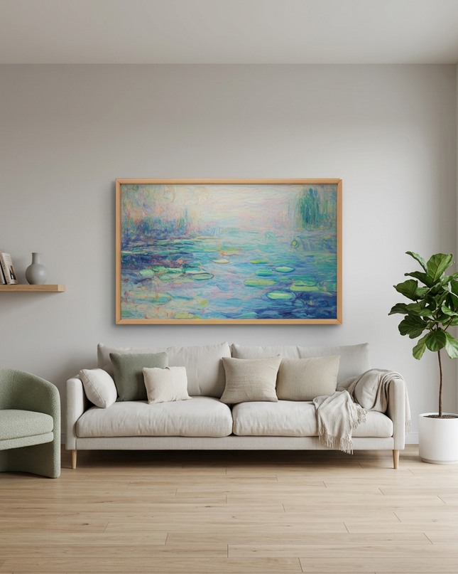 Garden of Reflections hand-painted landscape painting displayed in a modern living room with warm accents