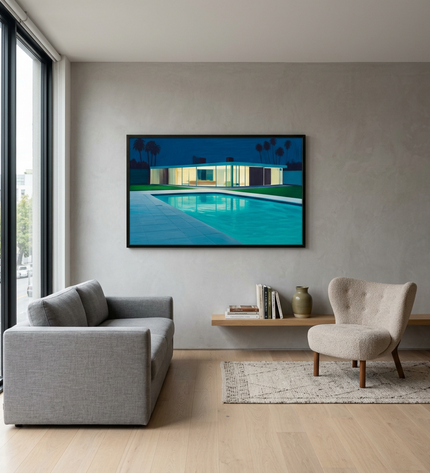 Glass House Dreams hand-painted landscape painting displayed in a modern living room with warm accents