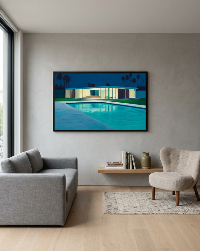 Glass House Dreams hand-painted landscape painting displayed in a modern living room with warm accents