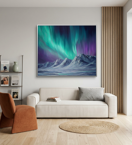 Whispers of the North hand-painted abstract painting displayed in a modern living room with warm accents