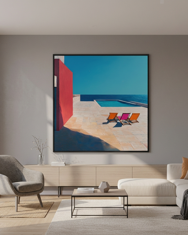 Quiet Escapes hand-painted landscape painting displayed in a modern living room with warm accents