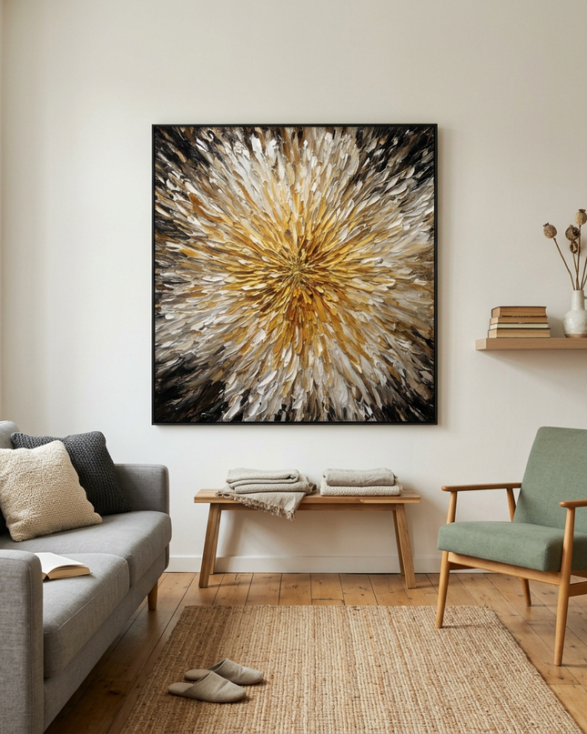 Radiance Petals hand-painted floral painting displayed in a modern living room with warm accents