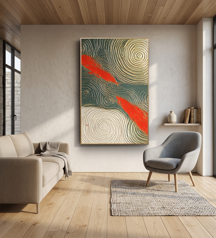 Tides of Blessings hand-painted abstract painting displayed in a modern living room with warm accents