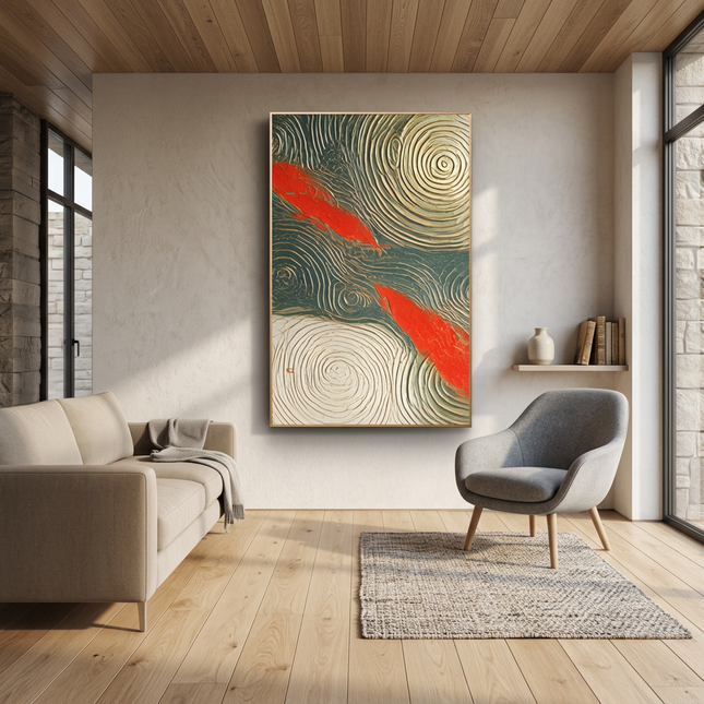 Tides of Blessings hand-painted abstract painting displayed in a modern living room with warm accents