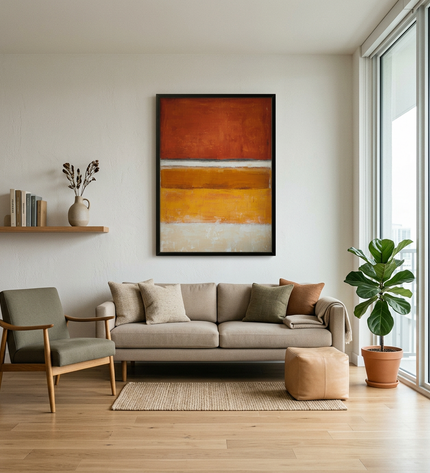 Rust and Gold hand-painted landscape painting displayed in a modern living room with warm accents